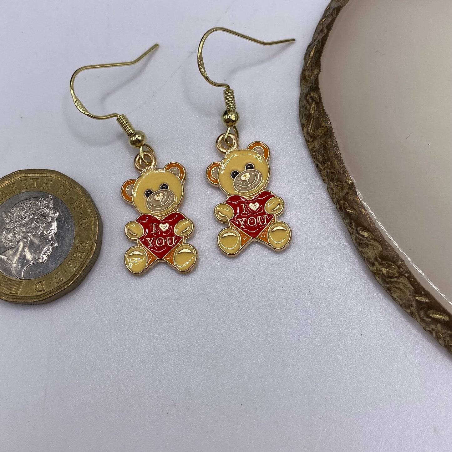 Gold Teddy Bear Heart Earrings