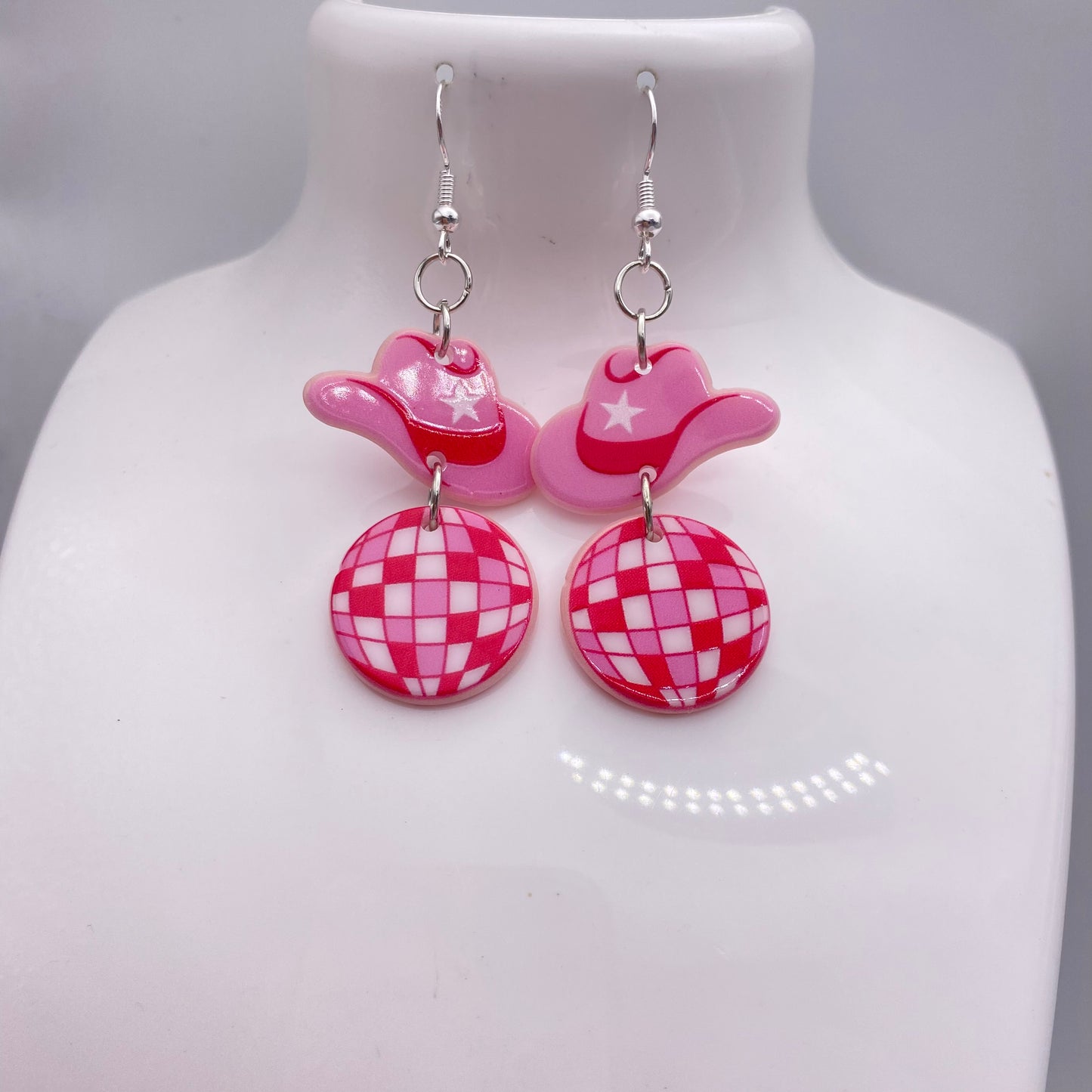 Dangly Pink Cowboy Disco Ball Earrings