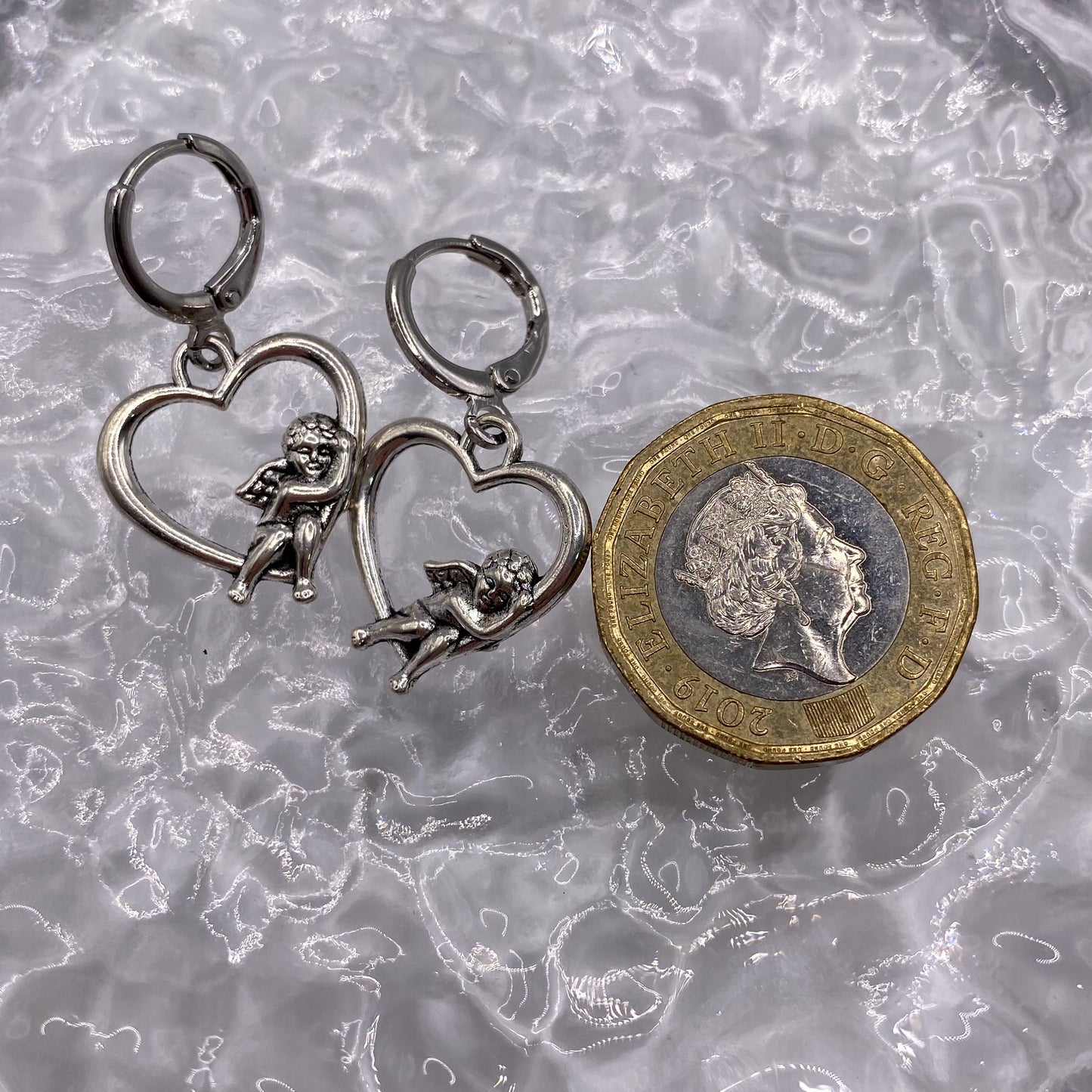 Flying Cherub Heart Huggie Hoop Earrings