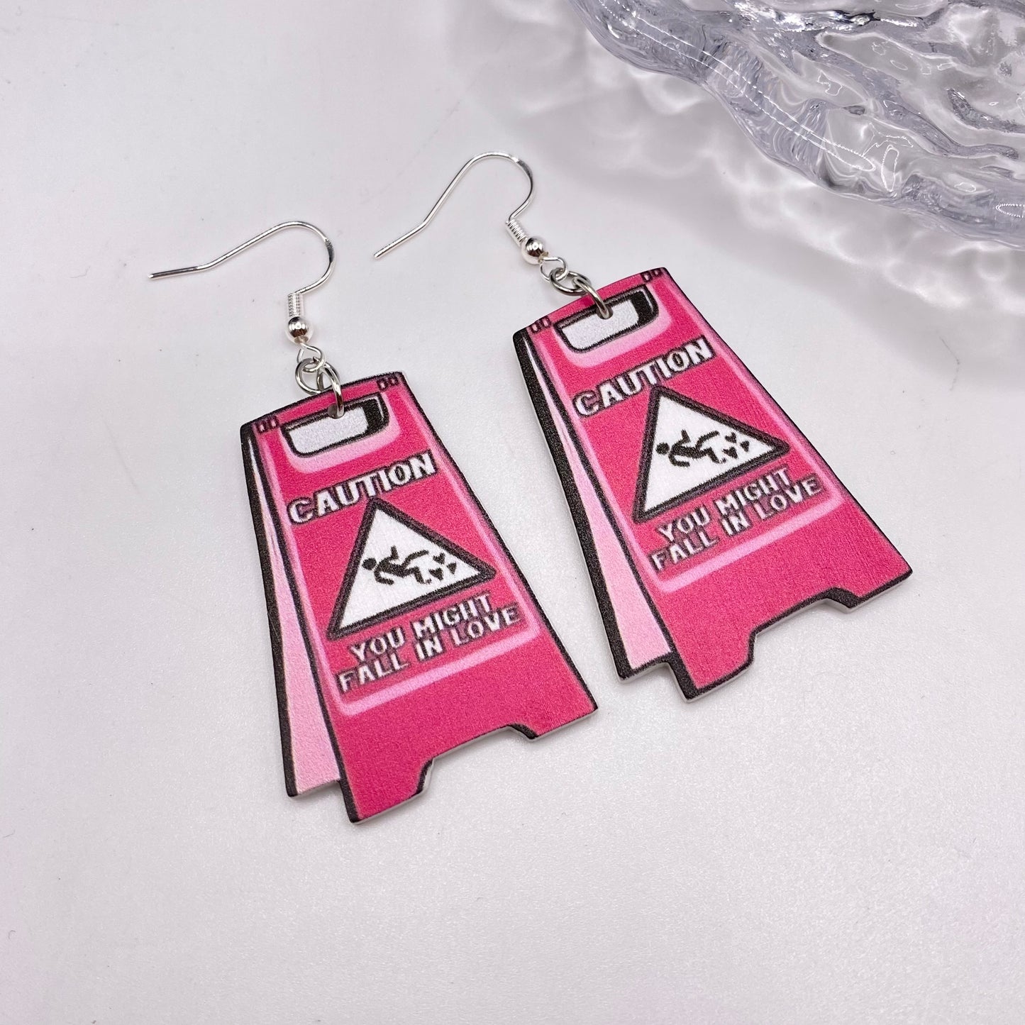 Pink Caution Slogan Earrings