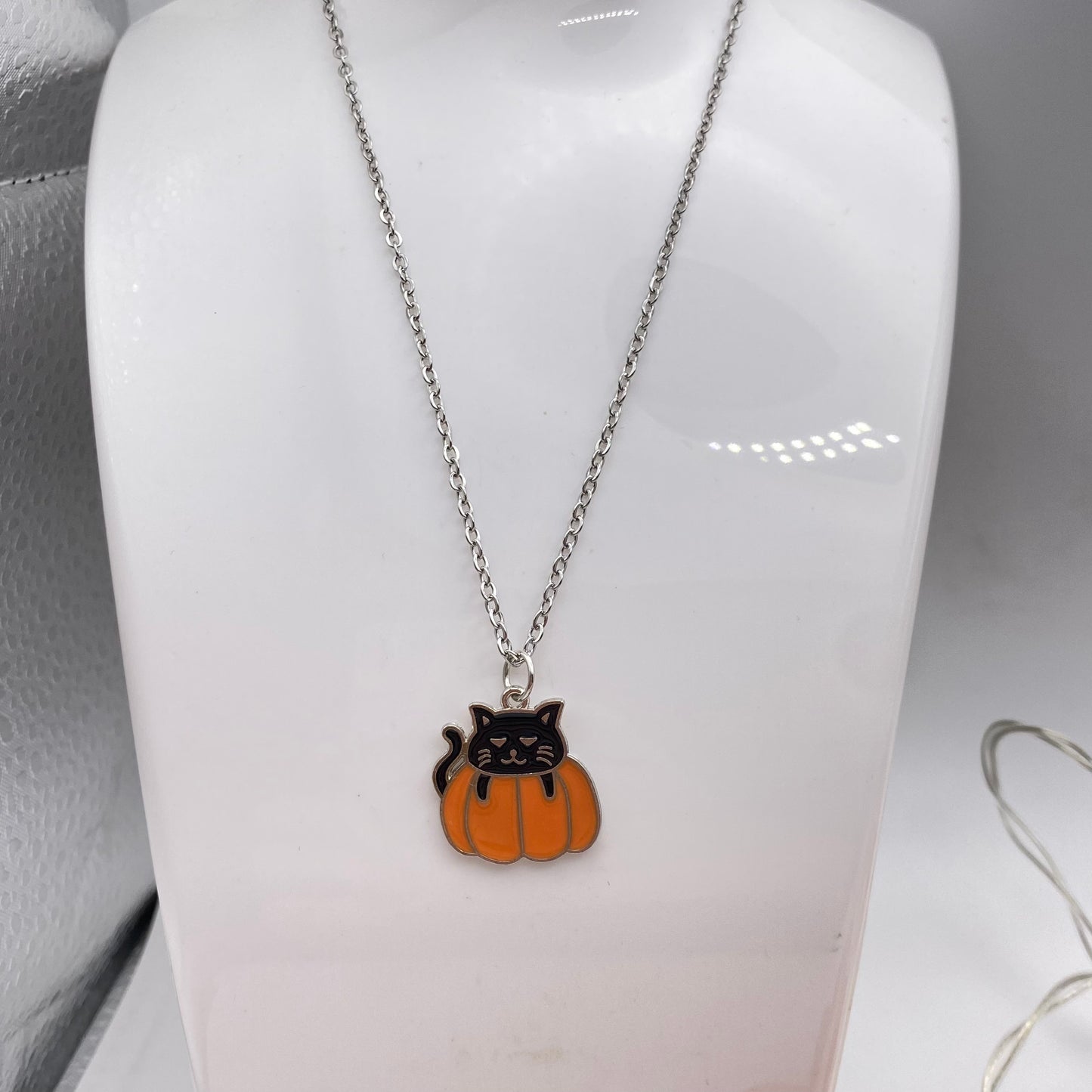 Black Cat in a Pumpkin Necklace