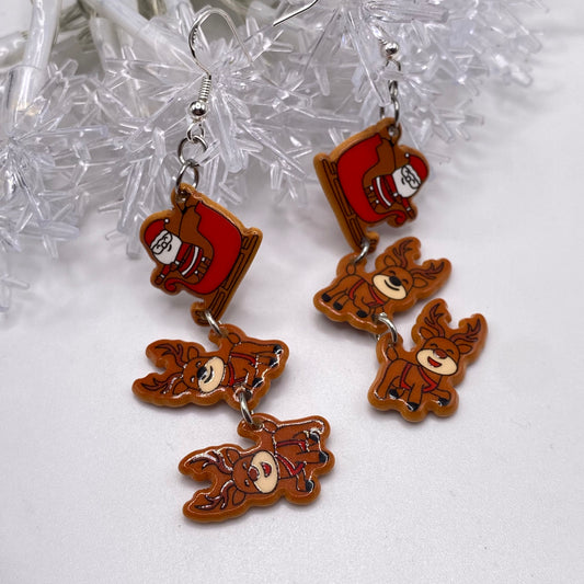 Dangly Sleigh Reindeer Drop Earrings