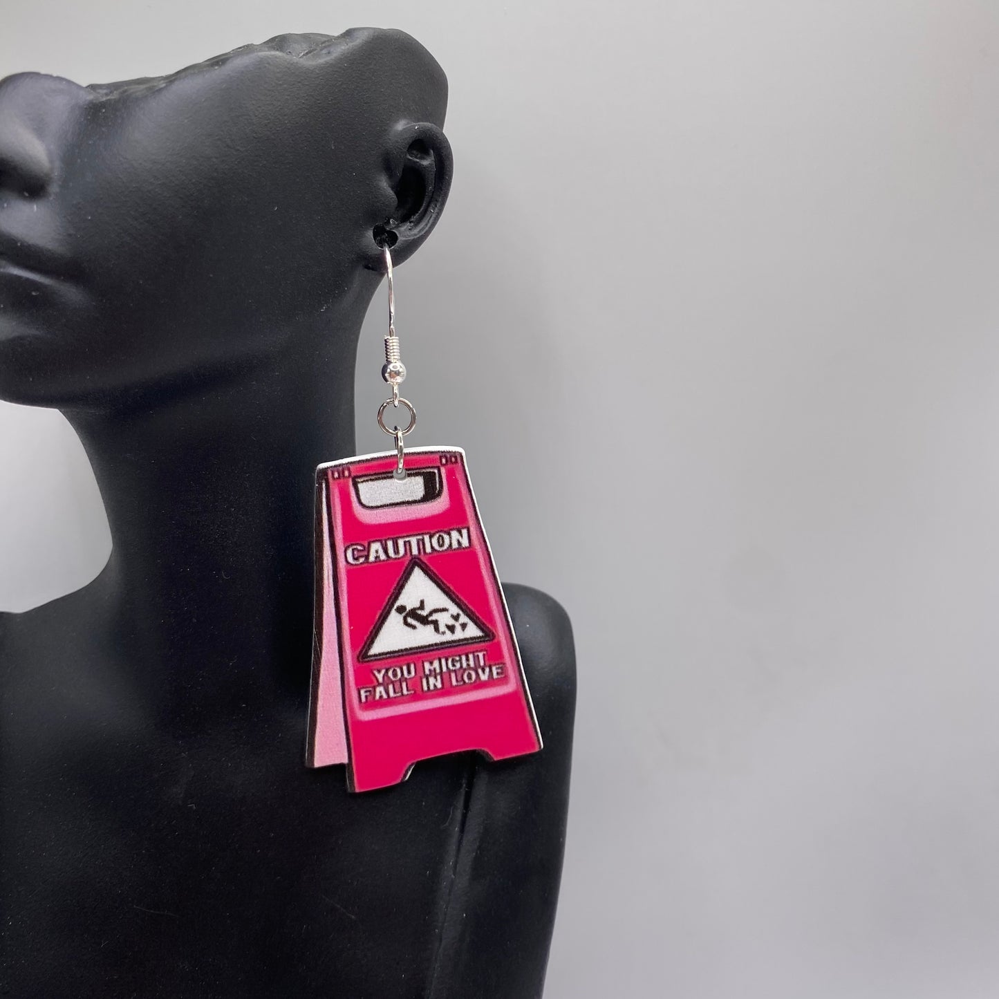 Pink Caution Slogan Earrings
