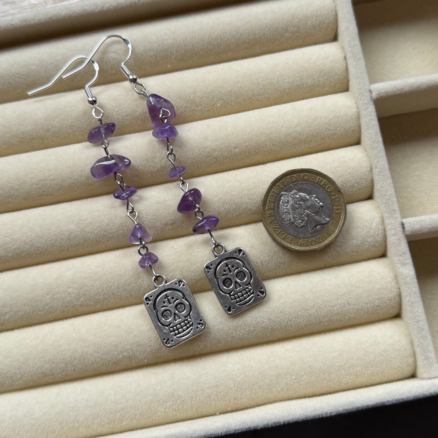 Purple Crystal Drop Skull Card Earrings