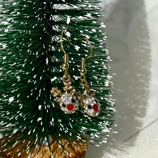 Gold Rudolph Reindeer Face Earrings