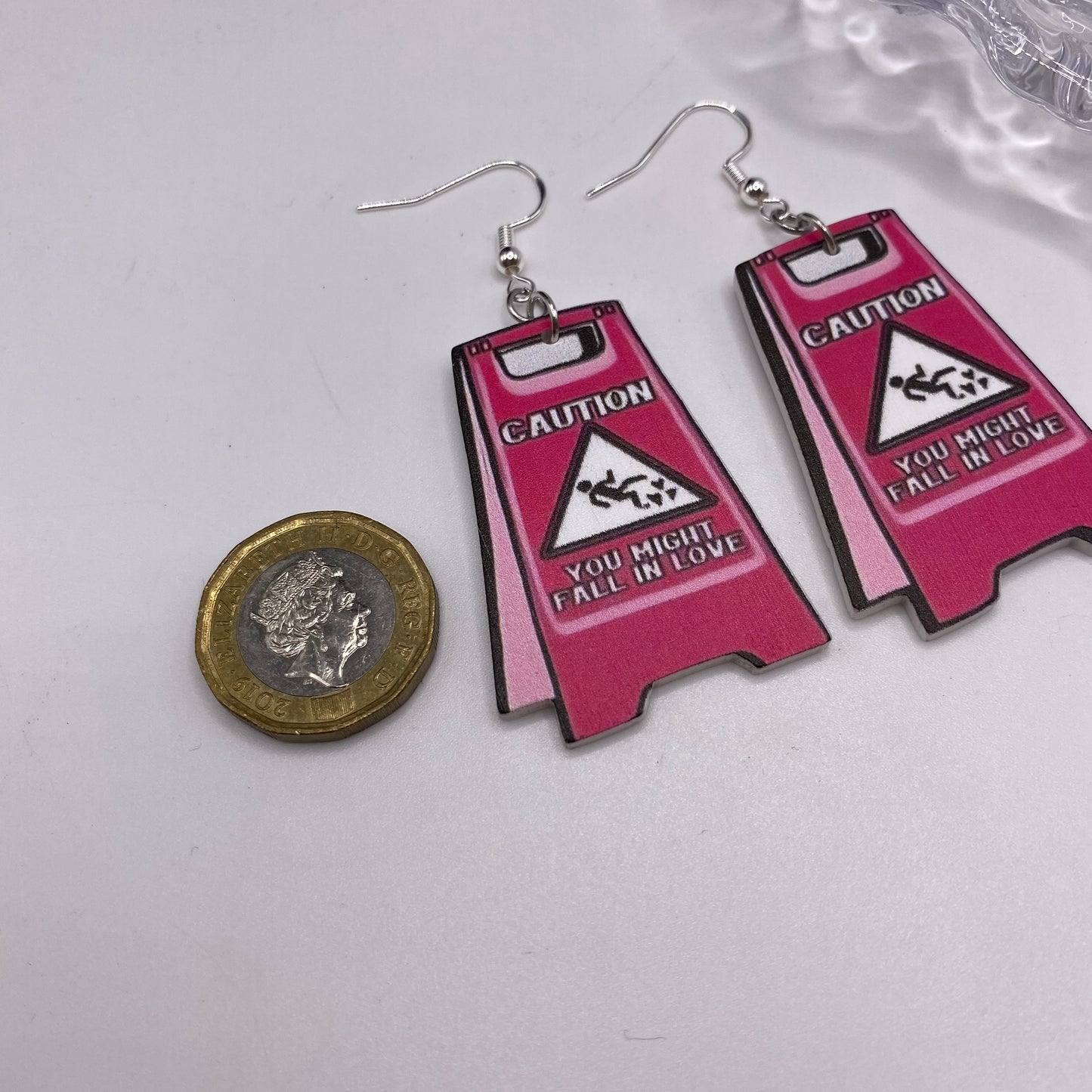 Pink Caution Slogan Earrings