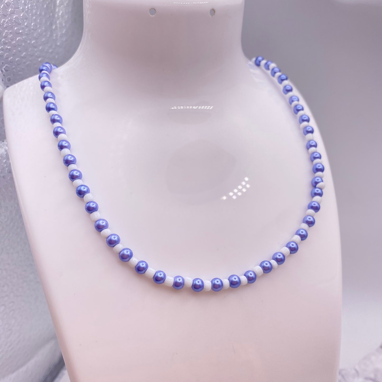 Blue and White Pearl Beaded Necklace