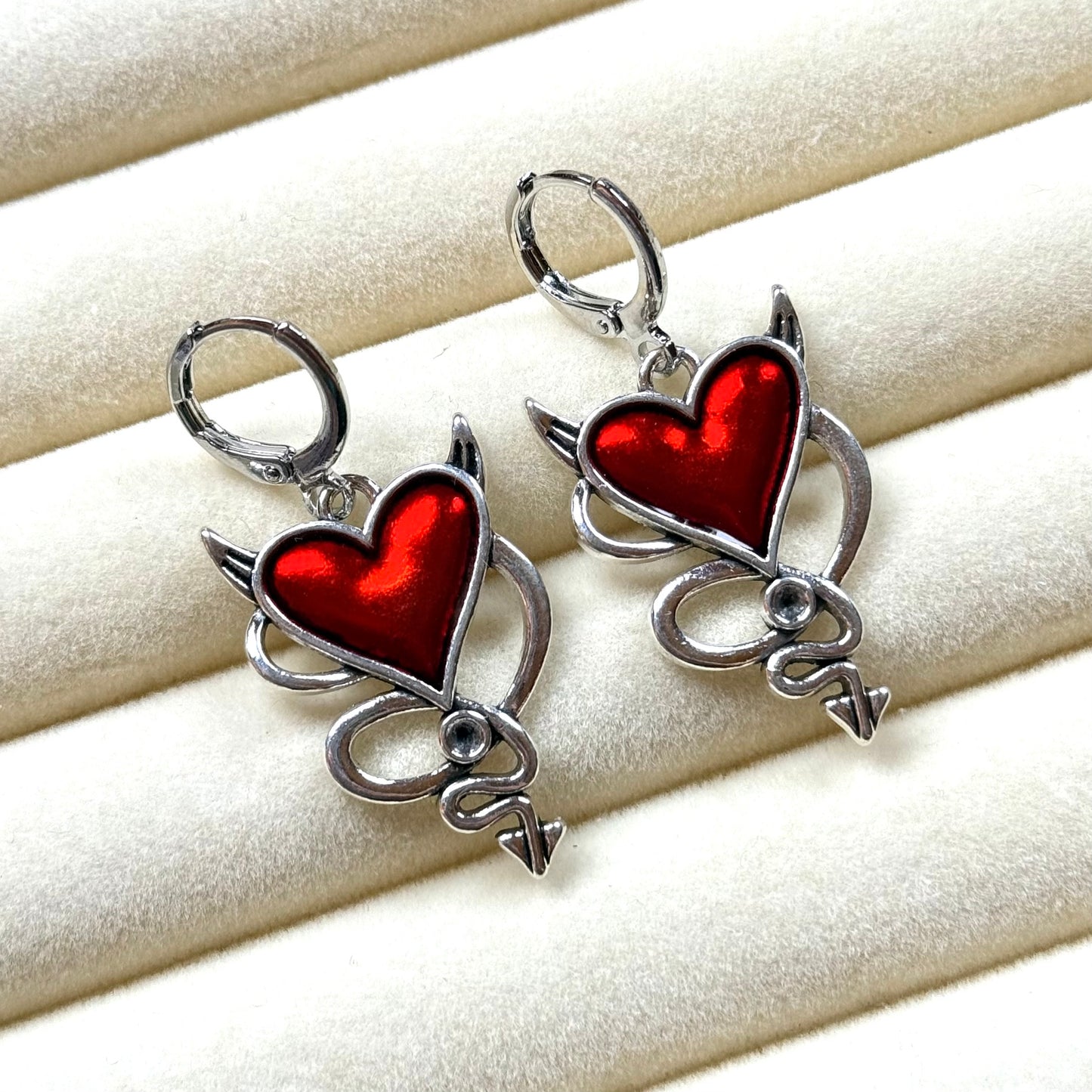 Gothic Red Heart Huggie Hoop Earrings