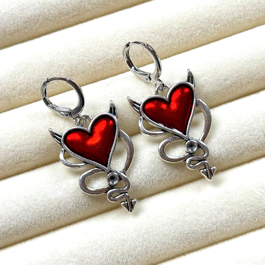Gothic Red Heart Huggie Hoop Earrings