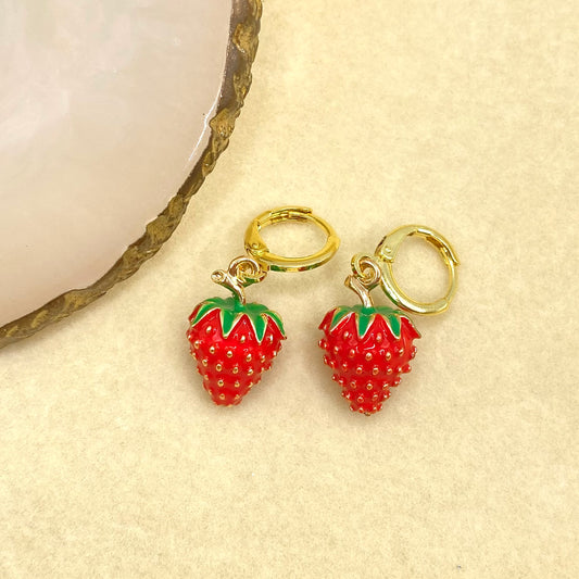 Gold Strawberry Huggie Hoop Earrings