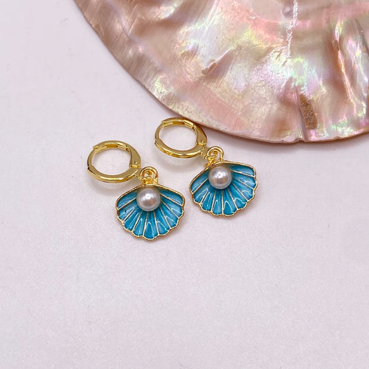 Blue Shell Huggie Hoop Earrings