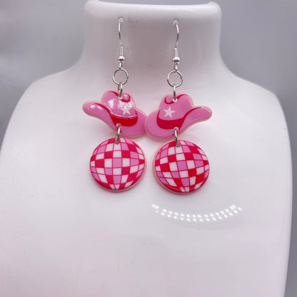 Dangly Pink Cowboy Disco Ball Earrings