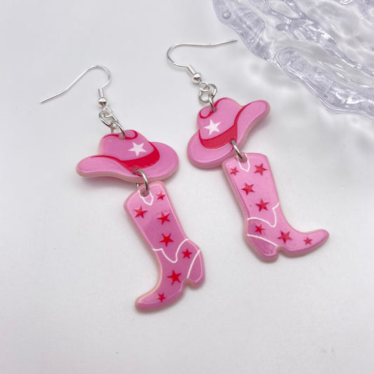 Dangly Pink Cowboy Boot Earrings