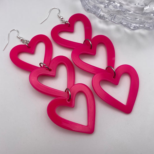 Hot Pink Dangly Triple Heart Earrings
