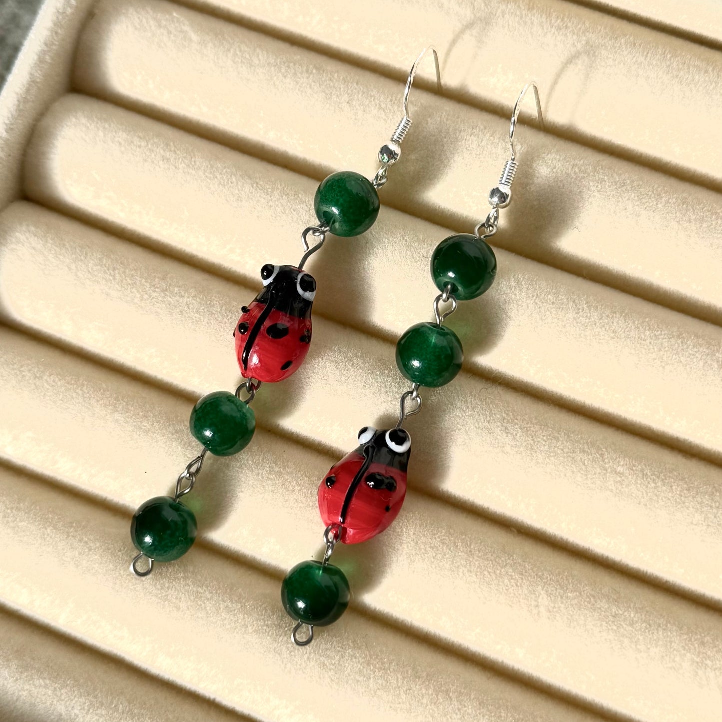 Dangly Green Ladybird Earrings