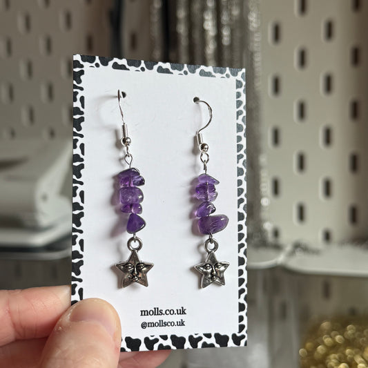 Star Face Amethyst Crystal Earrings