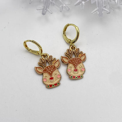 Reindeer Face Head Huggie Hoop Earrings
