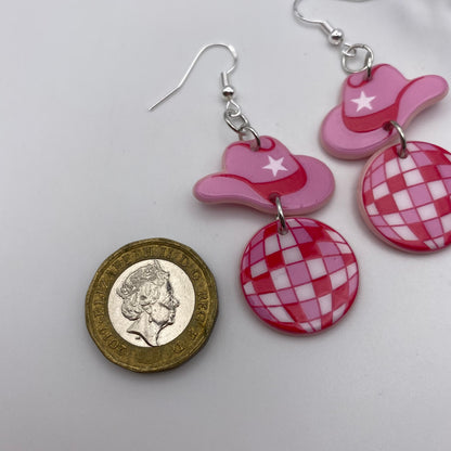 Dangly Pink Cowboy Disco Ball Earrings