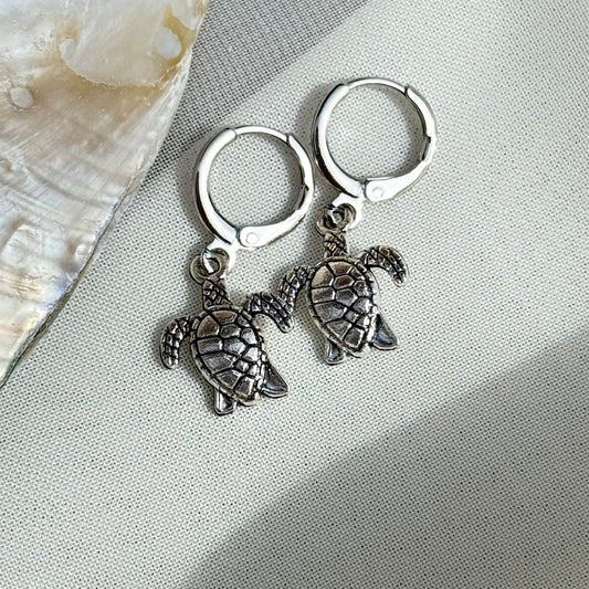 Small Silver Turtle Huggie Hoop Earrings