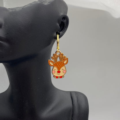 Reindeer Face Head Huggie Hoop Earrings