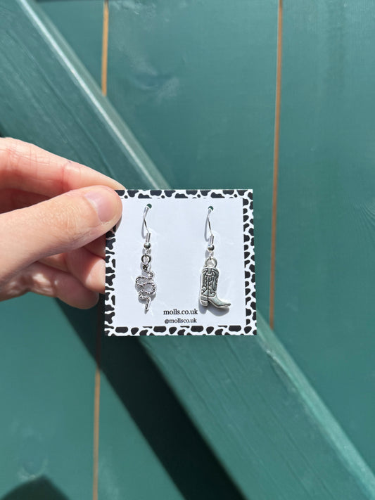 Mismatched Snake and Cowboy Boot Earrings