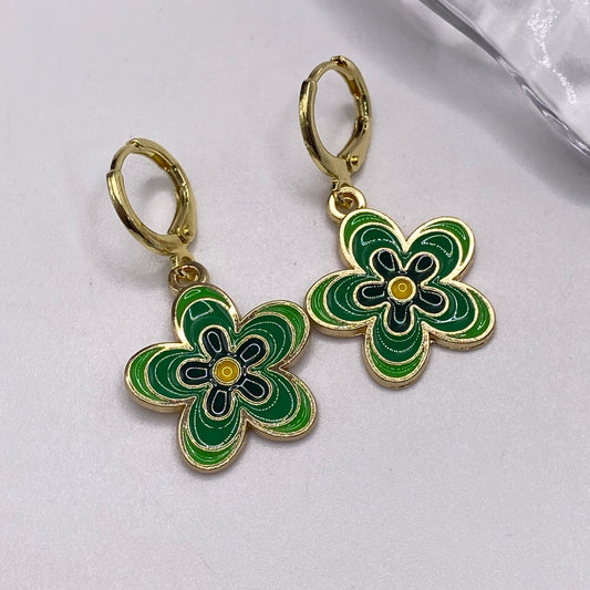 Groovy Green Flower Huggie Hoop Earrings