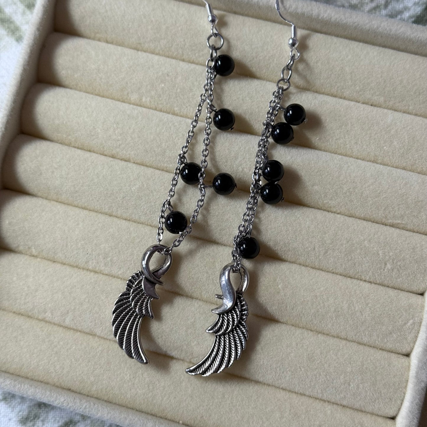 Black Crystal Cluster Dangly Wing Earrings