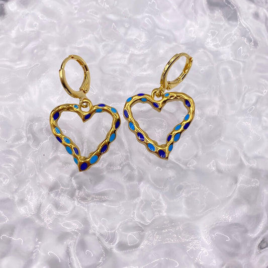 Blue Speckled Heart Huggie Hoop Earrings