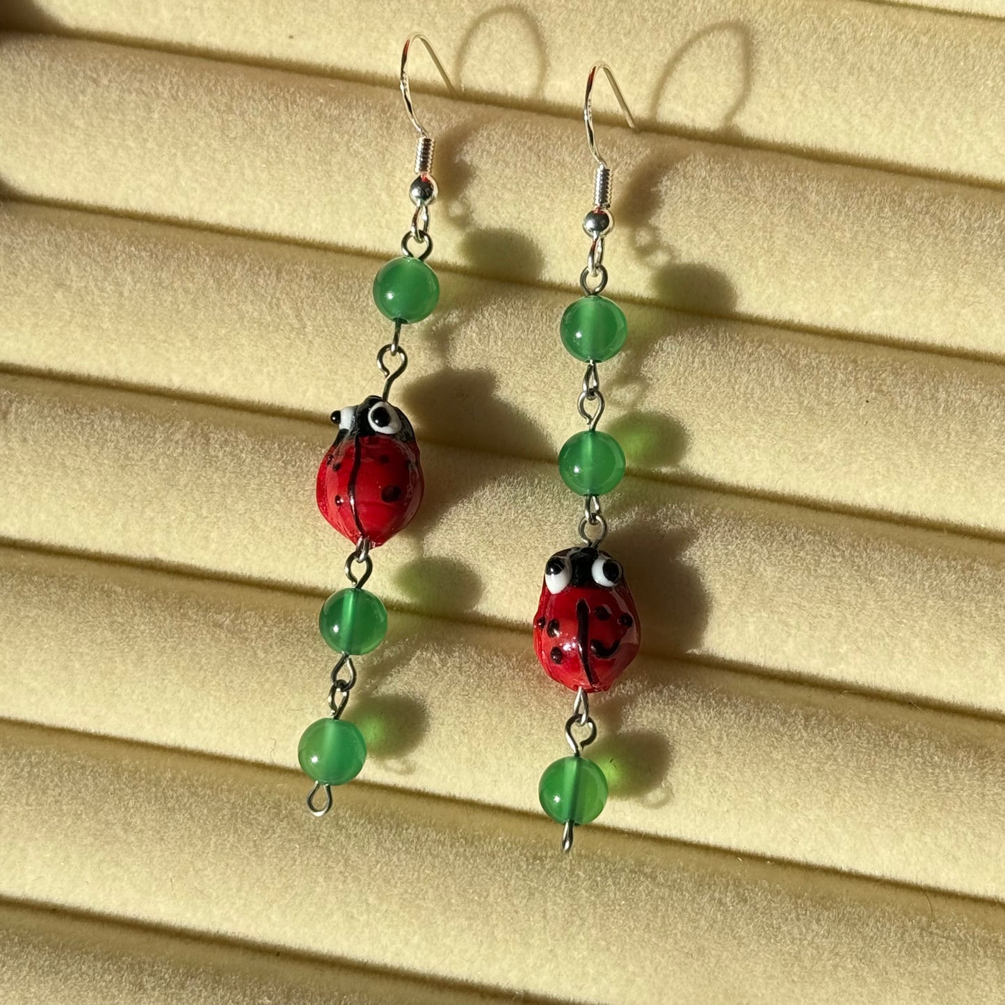 Dangly Green Ladybird Earrings