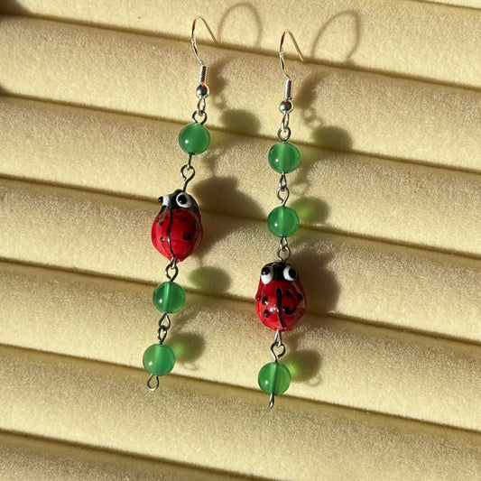 Dangly Green Ladybird Earrings