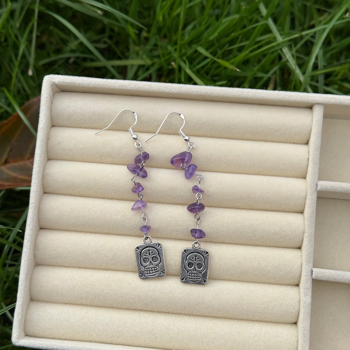 Purple Crystal Drop Skull Card Earrings