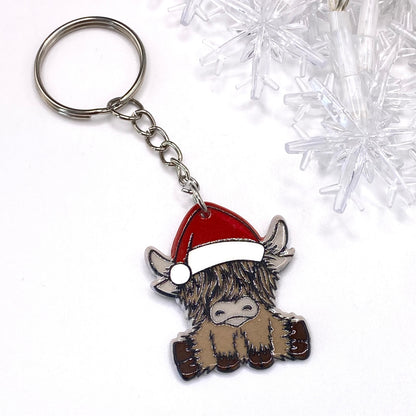 Santa Highland Cow Keyring