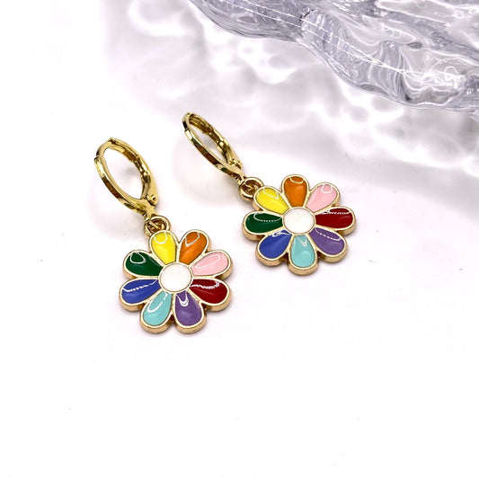 Rainbow Flower Huggie Hoop Earrings