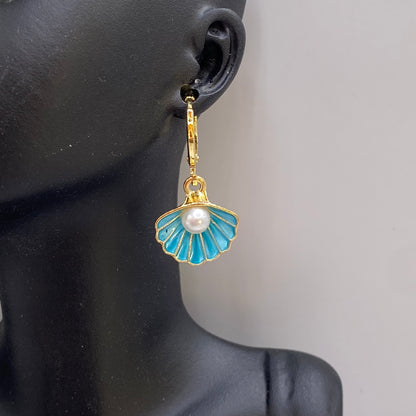 Blue Shell Huggie Hoop Earrings