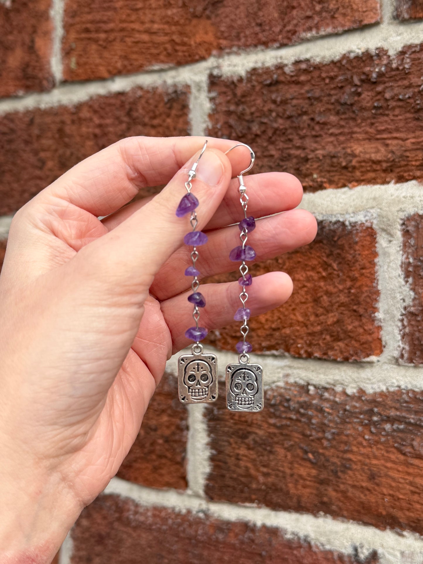 Purple Crystal Drop Skull Card Earrings