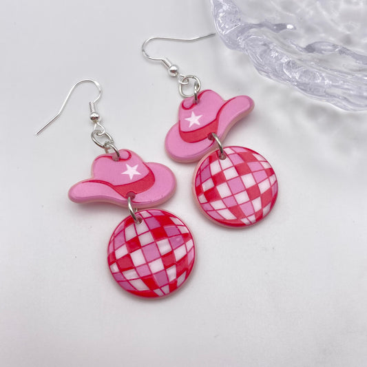 Dangly Pink Cowboy Disco Ball Earrings