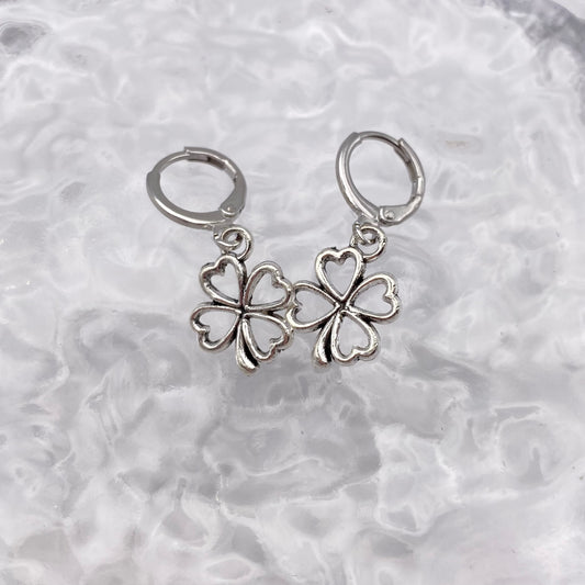 Heart Four Leaf Clover Huggie Hoop Earrings