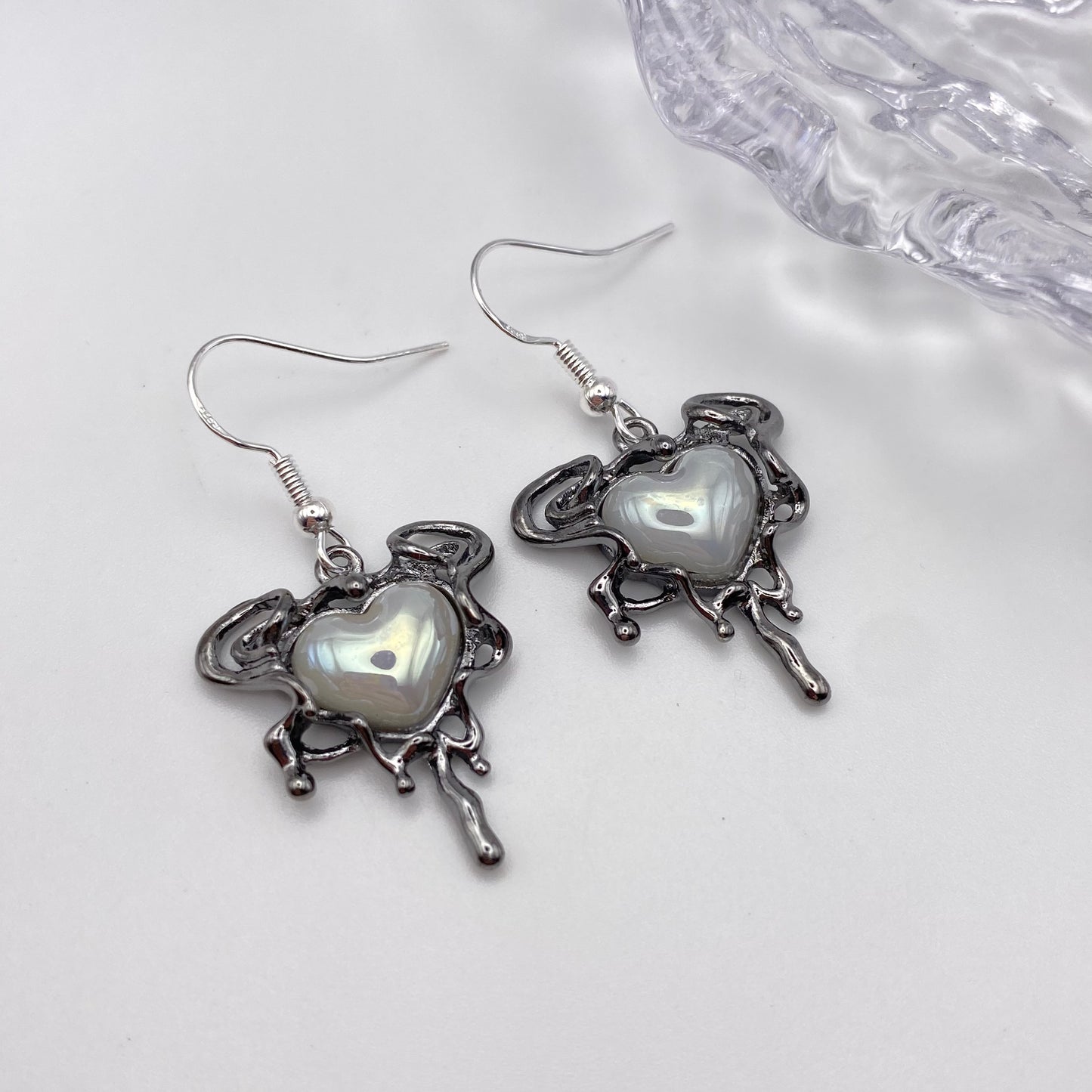 Silver Melting Pearl Heart Earrings