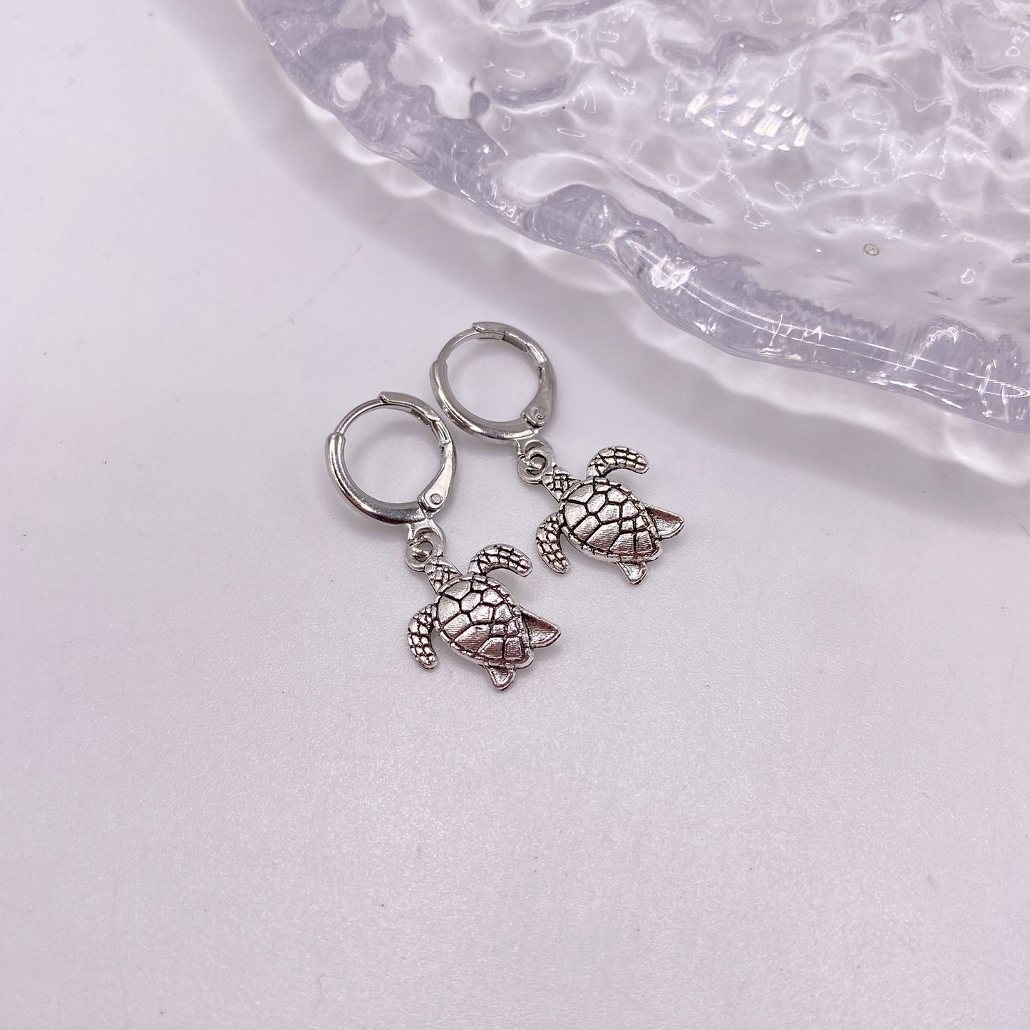 Small Silver Turtle Huggie Hoop Earrings