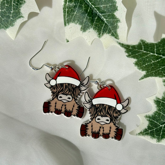 Santa Highland Cow Earrings