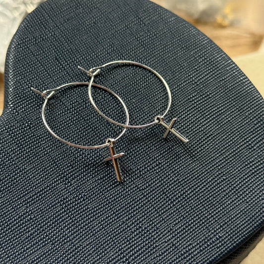 Small Silver Cross Hoop Earrings