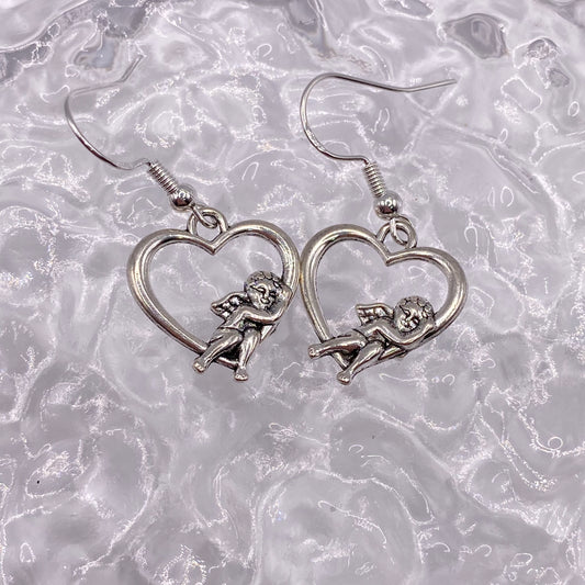 Flying Cherub Heart Earrings