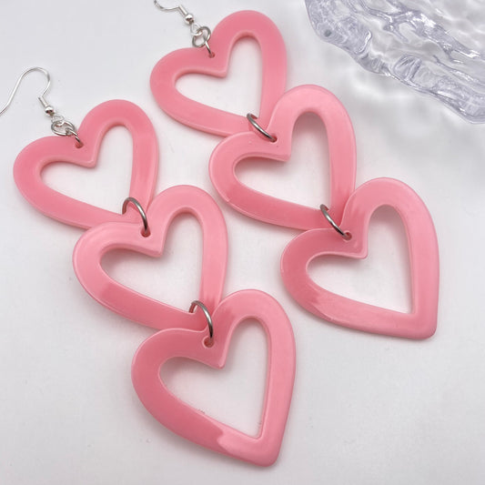 Light Pink Dangly Triple Heart Earrings