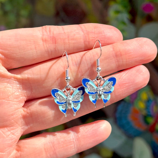 Blue Silver Butterfly Earrings