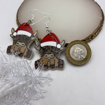 Santa Highland Cow Earrings
