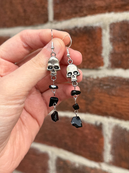 Black Crystal Drop Skull Earrings