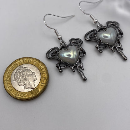 Silver Melting Pearl Heart Earrings