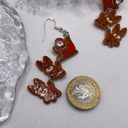 Dangly Sleigh Reindeer Drop Earrings