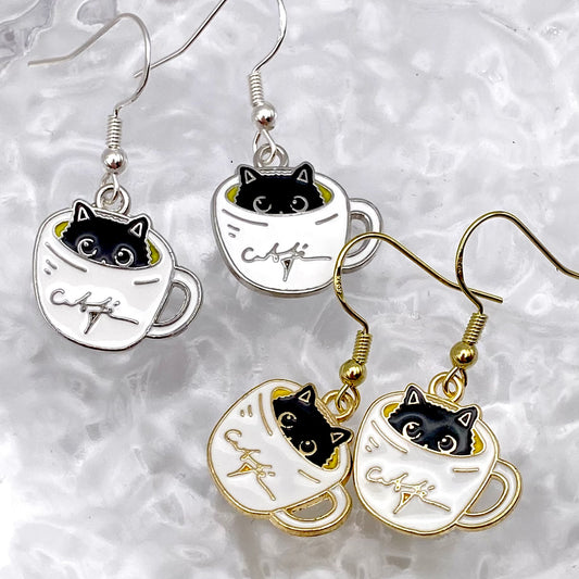 Cat In A Coffee Cup Earrings