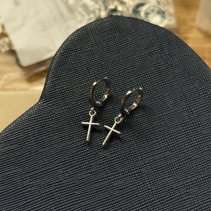 Small Silver Cross Huggie Hoop Earrings